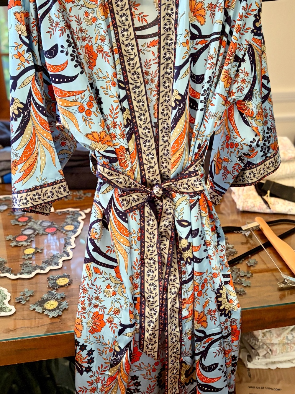 Women's Blue Floral Wrap robe, kimono with Tie Belt